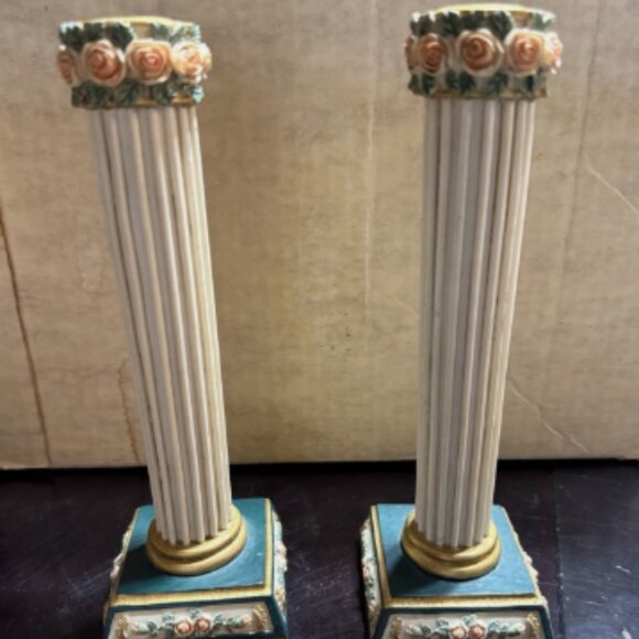 Ornate Vintage 2 Candlesticks Pedestal Column Resin Gold Floral 9" Grandma Core - Picture 1 of 8